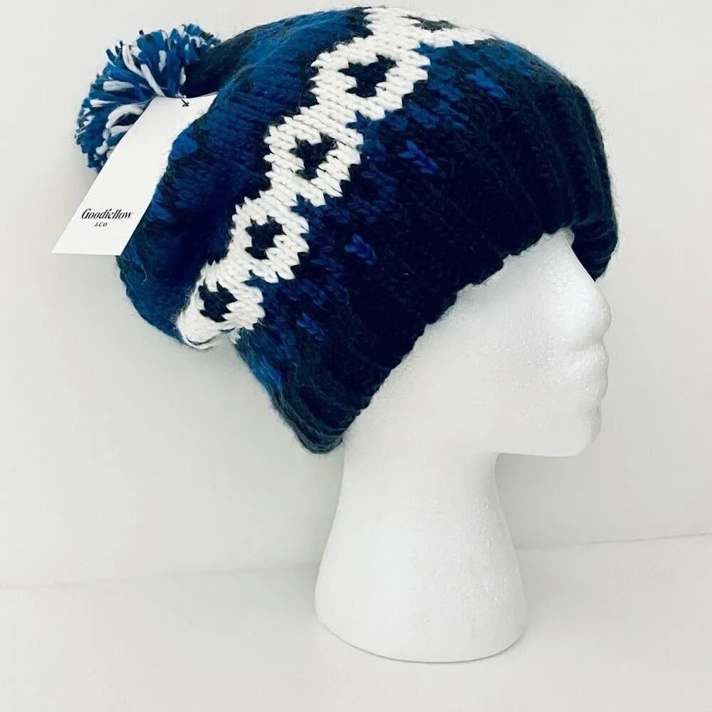 NWT Goodfellow & Co Men's Fairisle Pom Fleece Lined Blue Black & White Beanie